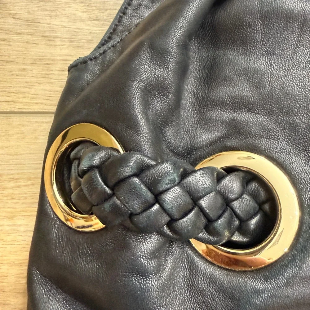 Michael Kors Black Leather Braided Hobo Shoulder Bag Gold Hardware Tassel Large